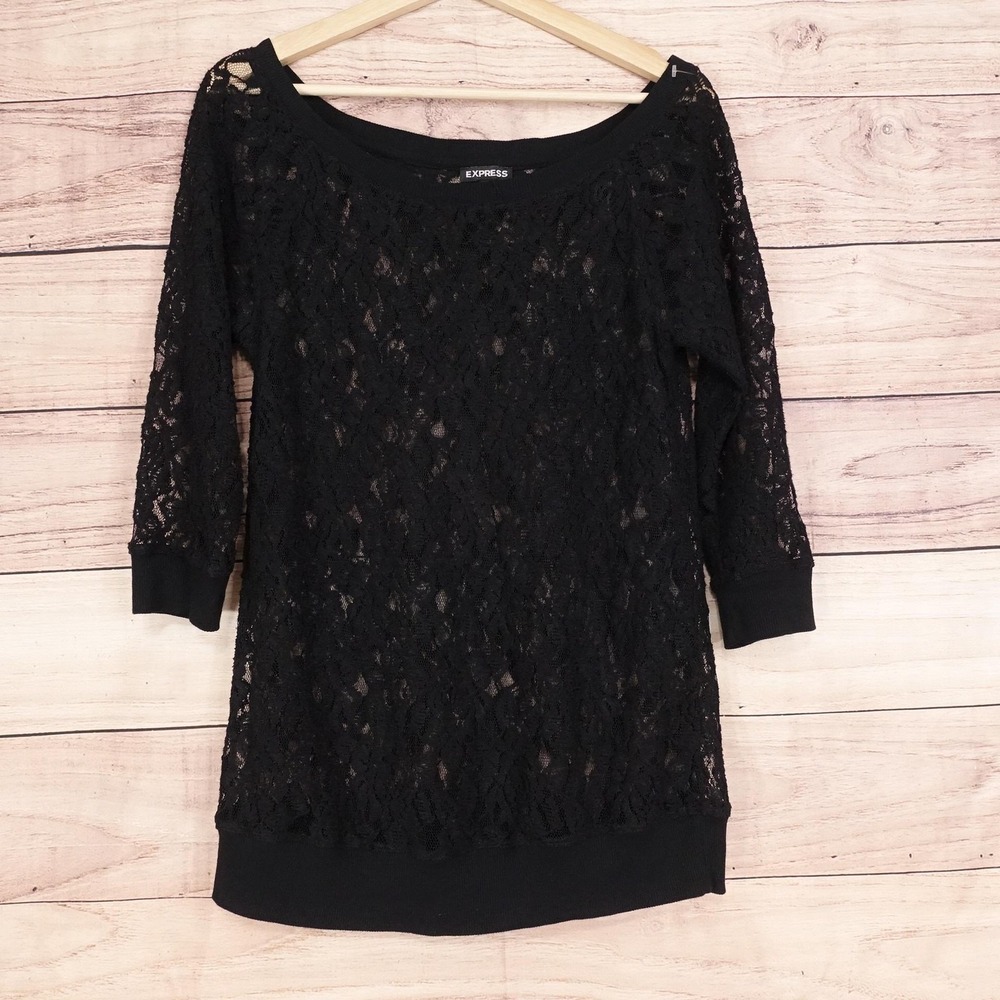 Express Blouse Womens S Black Boat Neck 3/4 Sleeve Lace Sheer Tunic Top